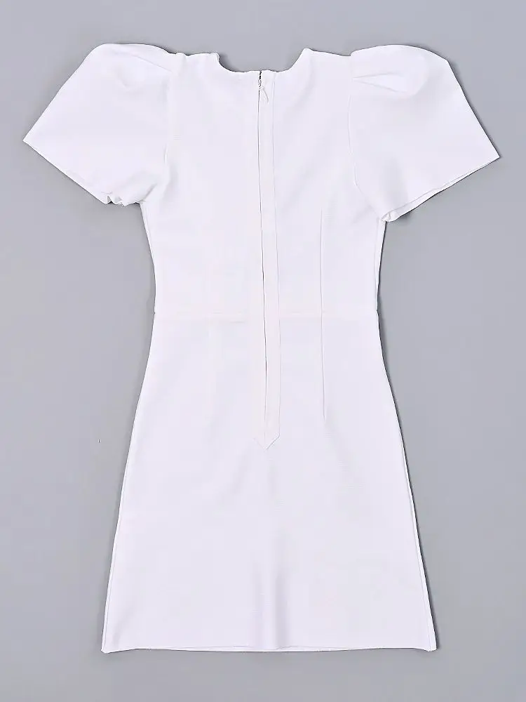 فاخر كريستال القوس ضمادة ثقب المفتاح فستان سهرة أبيض جوفاء قصيرة الأكمام الخريف فستان الحفلات مع حجر النساء المشاهير