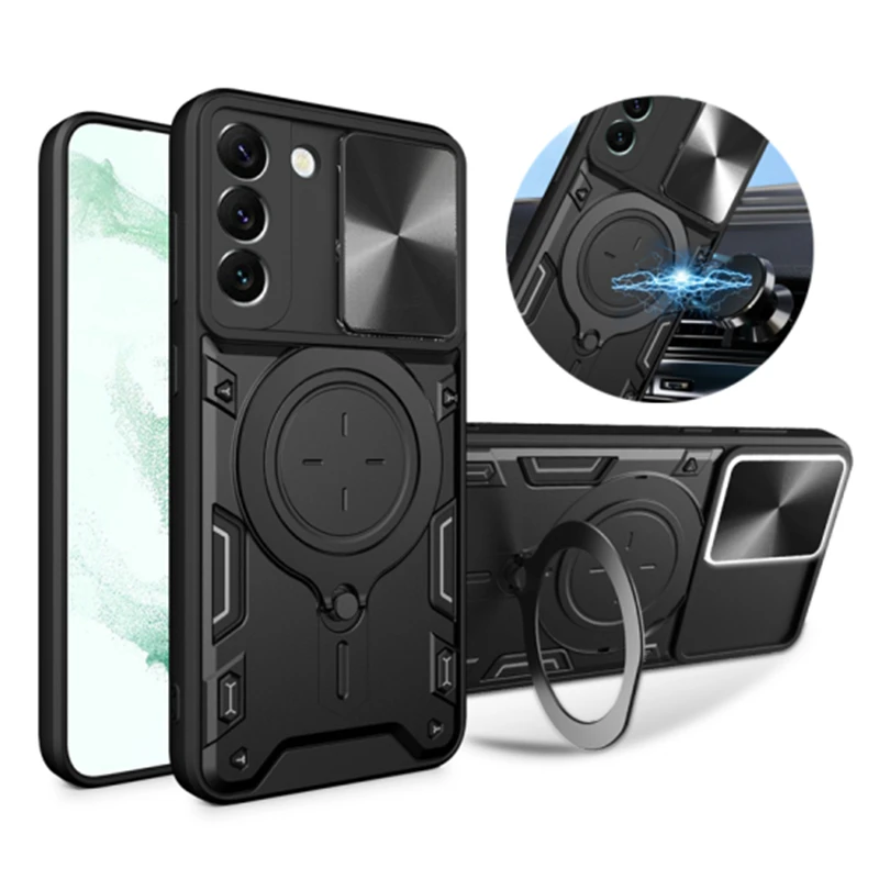 For Samsung Galaxy S22 Plus Case Metal Ring Magnetic Holder Armor Case For Galaxy S 22 S22 Ultra Slide Lens Camera Protect Cover