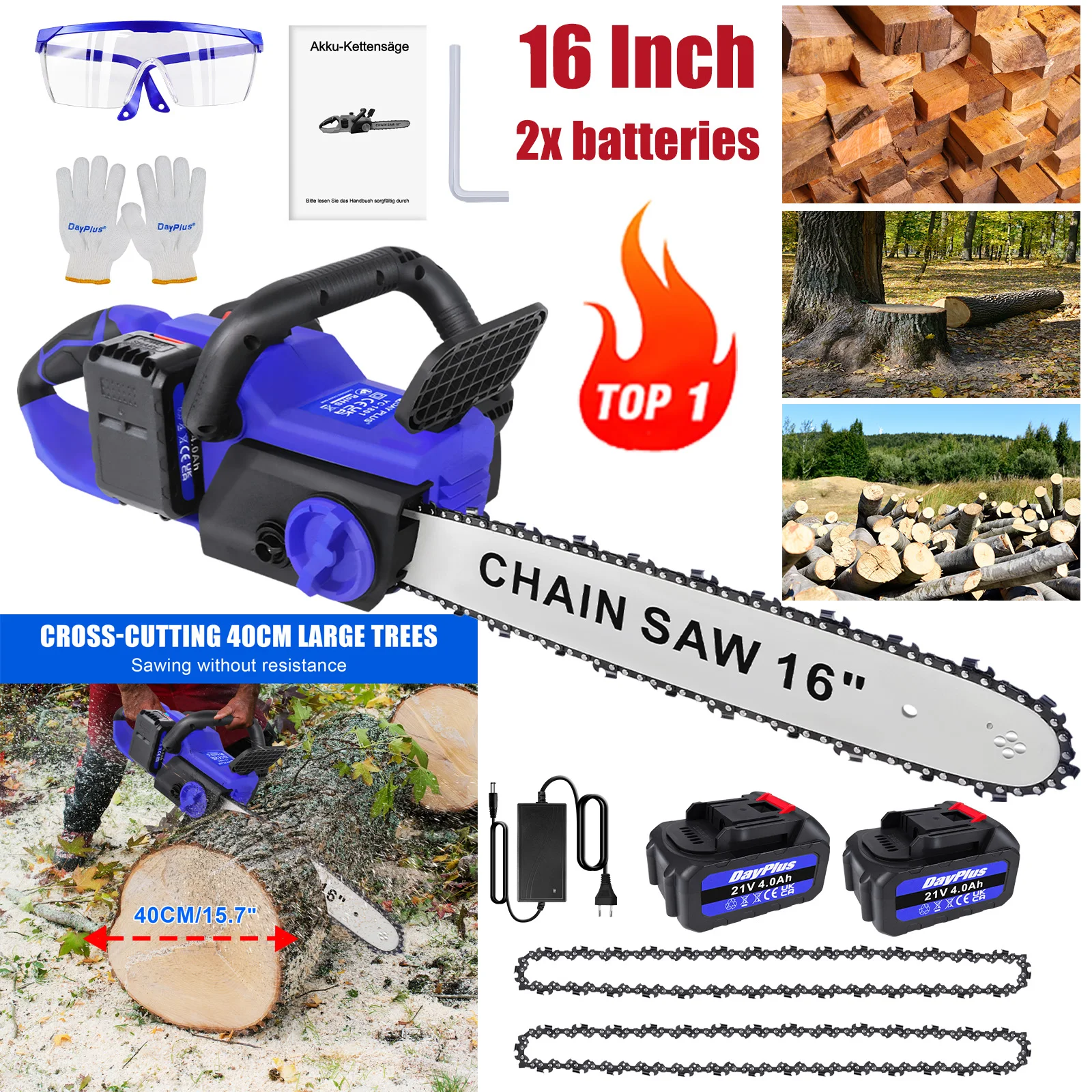 16 Inch Cordless Electric Chainsaw with 2 Battery and Charger,Brushless Handheld Powered Chainsaw for Wood Cutting Tree Pruning