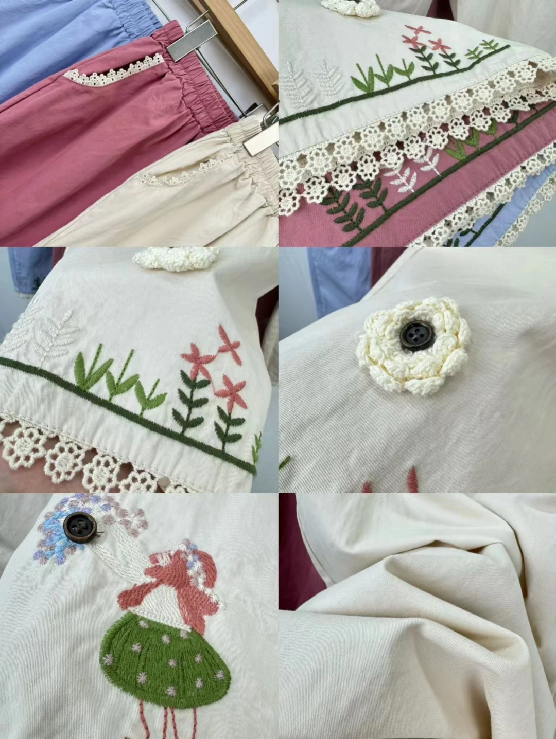 Retro haftowane spodnie typu harlan z koronkowym wykończeniem, luźne, z elastyczną talią, proste, długość 7/8, bawełniane, słodkie, idealne na wiosnę.