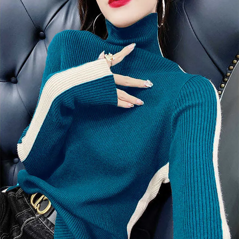 Fashion Turtleneck Knitting Spliced All-match Sweater Women\'s Clothing 2022 Autumn New Casual Pullovers Loose Korean Tops