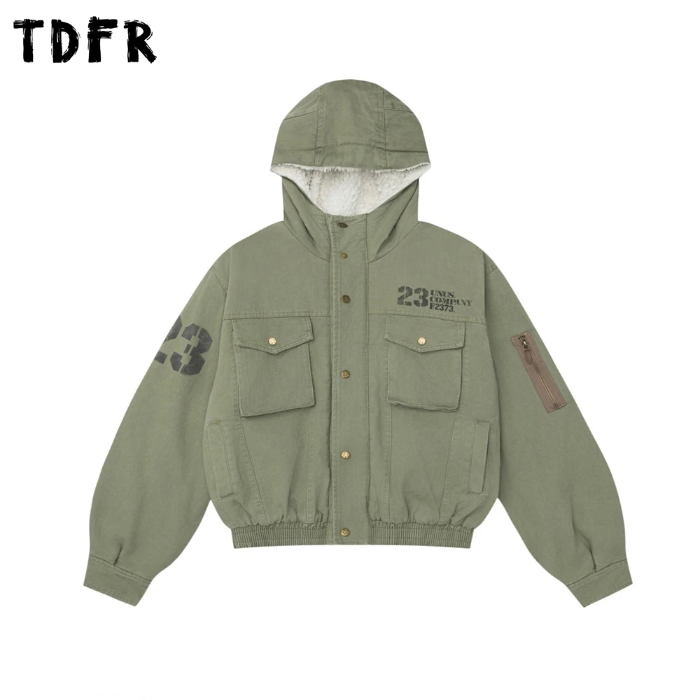 

Стеганая куртка-карго с буквенным принтом, мужская зимняя толстая зимняя куртка с несколькими карманами в стиле ретро, мужская верхняя одежда с длинными рукавами и капюшоном