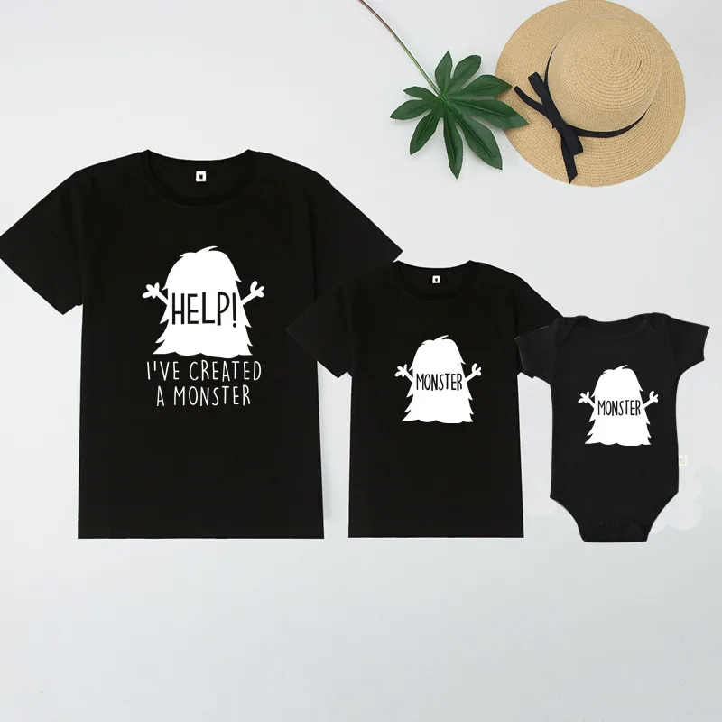 Funny Monster Print Family T-shirt Father Mother Kids Baby Family Matching Outfits Casual Short Sleeve Summer Holiday Clothes