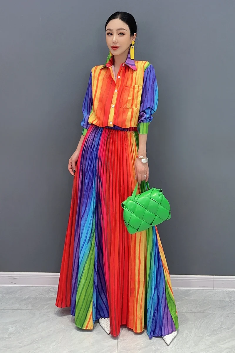 2024 Autumn New Women Set Colorful Shirt Loose Folds Colorful Large Swing Long Skirt Two Piece Set J392