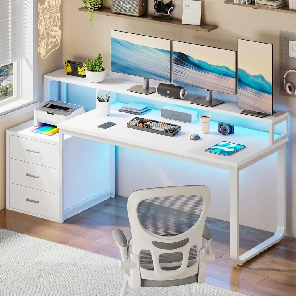 

67” White Desk with 3 Drawers and Storage,with Monitor Stand, Home Office Desk with LED Strips and Printer Standfor Bedroom