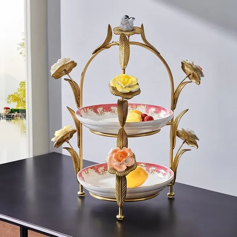 Creative European Brass Fruit Plate with Gold Frame Bird Design Ceramic Candy Dish for Hotel Villa Home Decoration Elegant