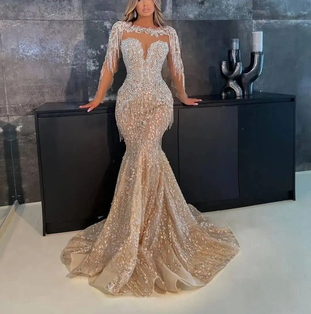 Graceful Mermaid Gown Evening Dresses Appliques Sequins Pleat Lace Celebrity Party Prom  Dresses Plus Size Custom Size Color