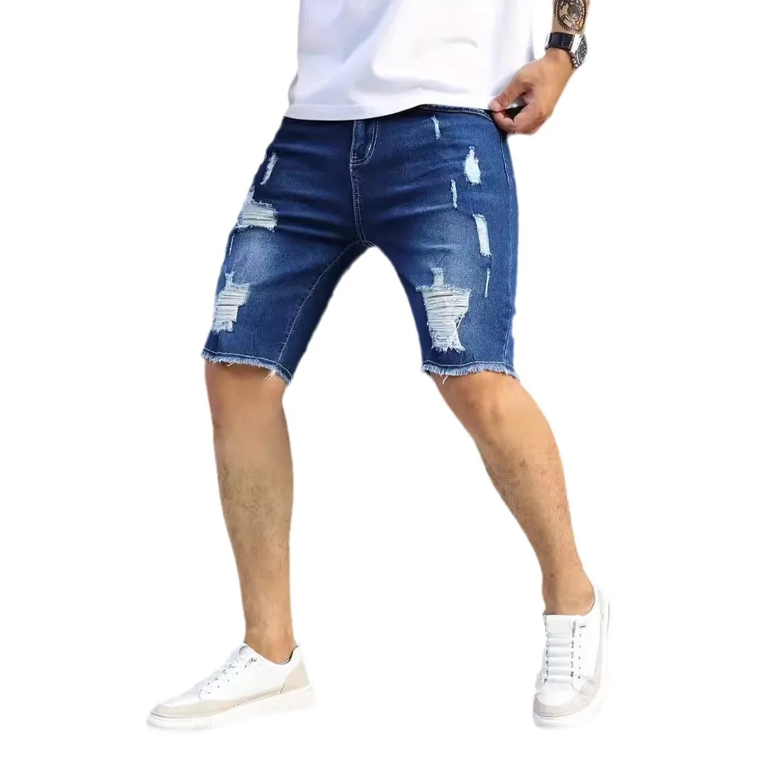 Été déchiré jean hommes Stretch Denim Shorts mâle jean court mince Shorts droits mode noir jean homme vêtements Streetwear