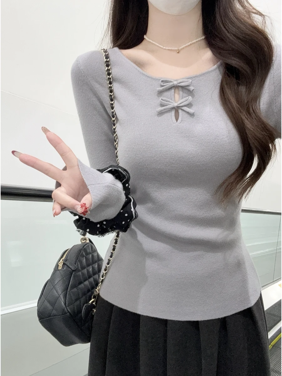 

Women's Slim Fit Knitted round Neck Hollow out Knot Top Early Spring Fashionable Versatile Base Layer Shirt