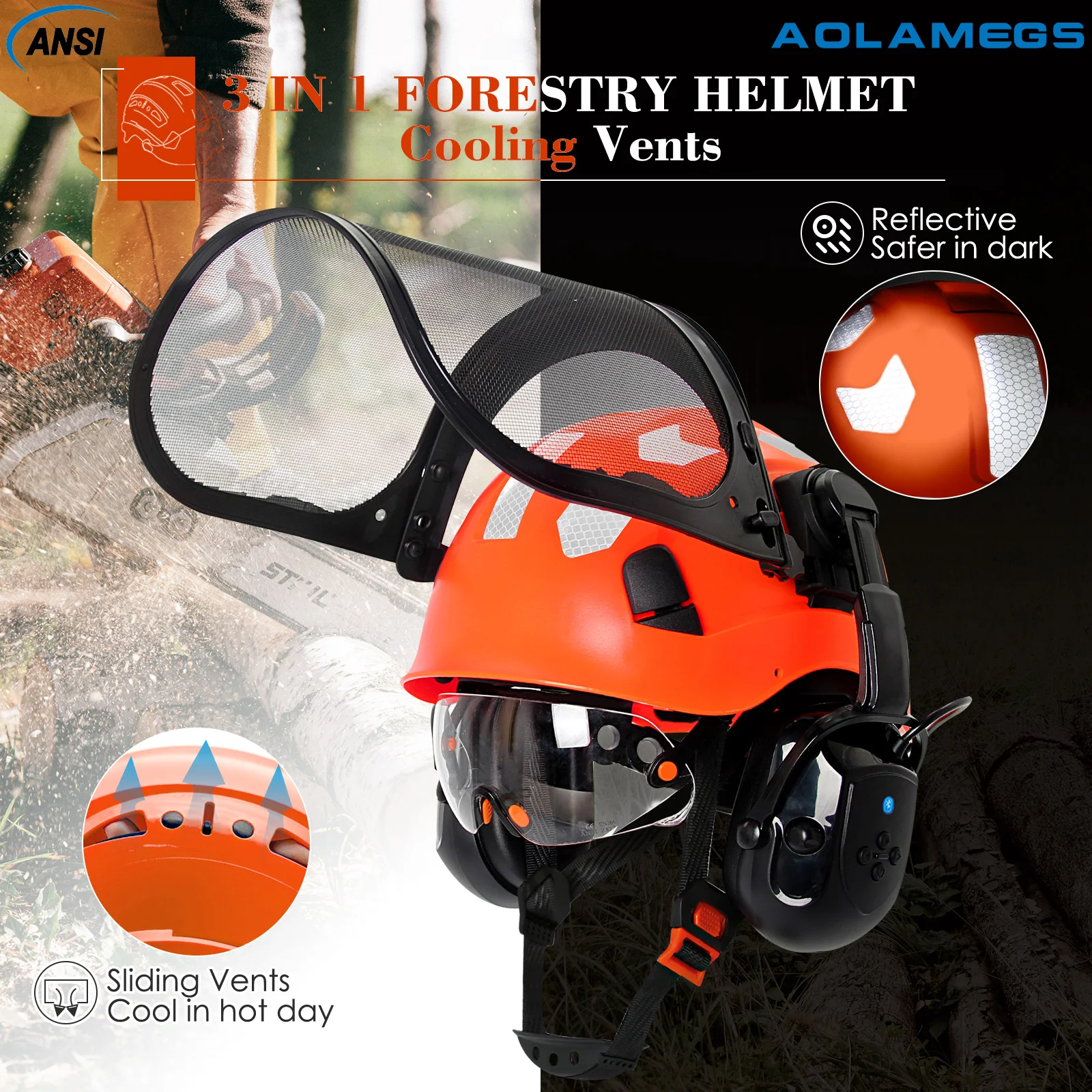 CE Forestry Safety Helmets with 5.0 Bluetooth Built-in Goggles Earmuffs  Mesh Face Shield Logging ABS Chainsaw Hard Hat Work Cap
