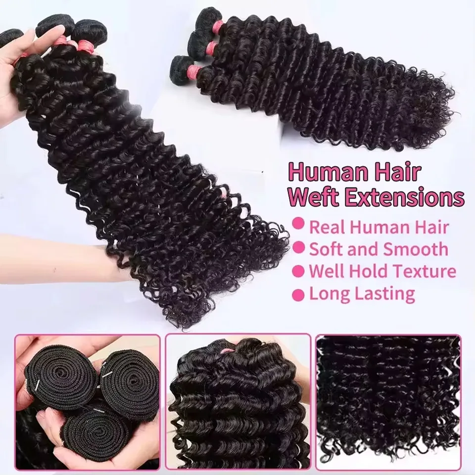 Paquetes de cabello humano con onda profunda, 24 26 28 pulgadas, rizos profundos, cabello natural brasileño crudo para mujer 3