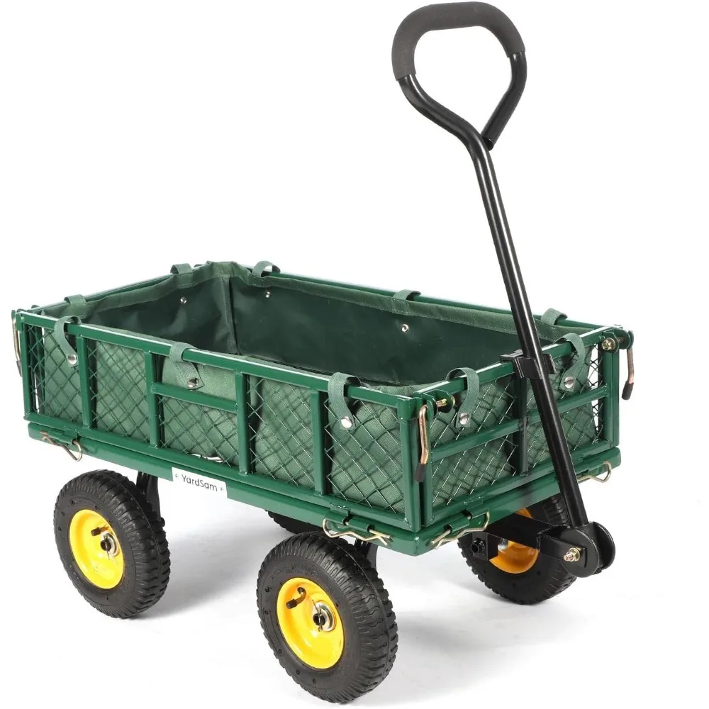 

utility steel garden carts and wagons, heavy duty lawn wagon cart, 400lb weight capacity, removable sides, long handle, 8 inch p