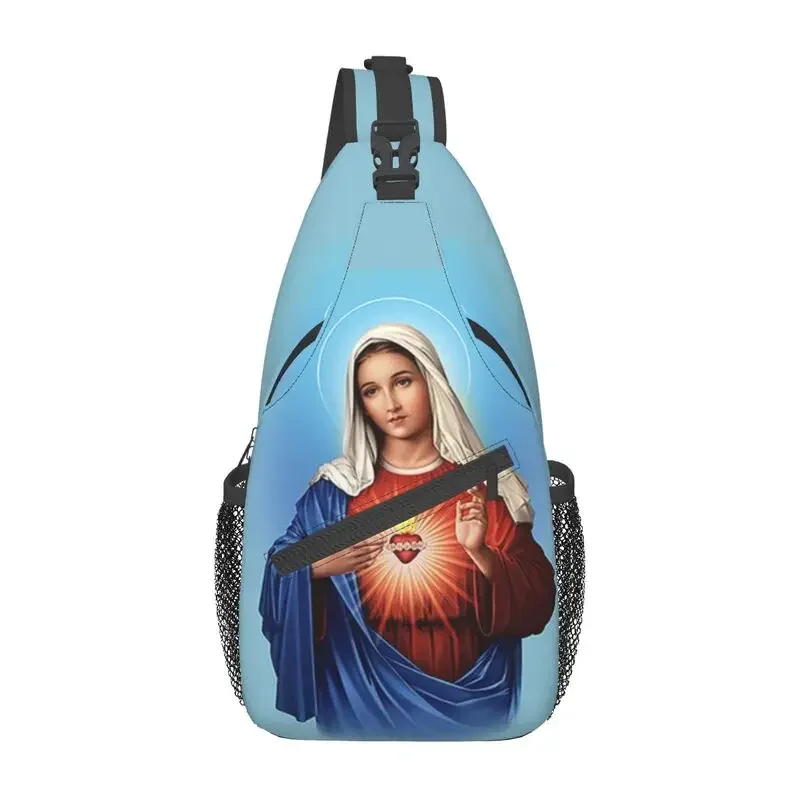 

Holy Heart Of Mary Sling Chest Bag Custom Christianity Virgin Mary Crossbody Shoulder Backpack for Men Cycling Camping Daypack