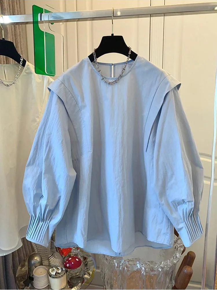 

Autumn Lazy Style Round Neck Shirts Women Loose Blouse Long Sleeve Shirt Vintage Temperament Solid Color Simple LadiesTops