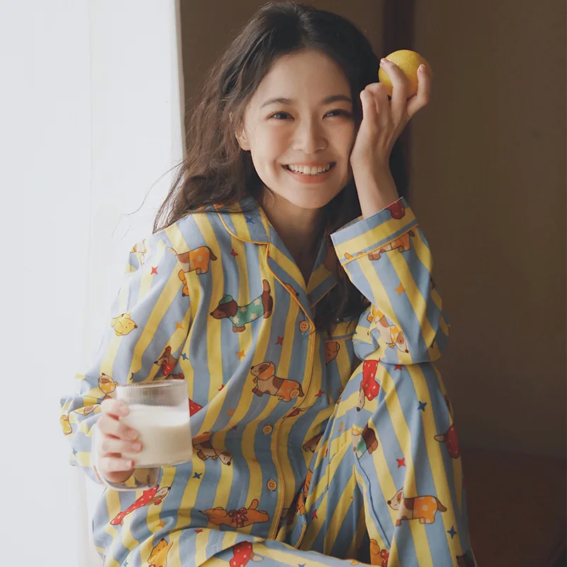 

Женская пижама из чистого хлопка с мультяшным принтом, комплект домашней одежды с длинными рукавами, весенне-осенний сезон, удобный и дышащий