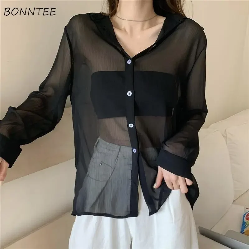 Shirts Women Sheer Solid Simple Sunscreen Ladies All-match Special Charming Sexy Basics Korean Style Popular Modern Leisure New