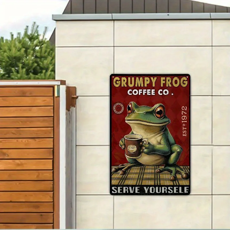 2D Vintage Grumpy Frog Coffee Co. Metal Wall Decor Sign Home, or Garden - Classic Wall-Mounted Decoration with Coffee Cup Design