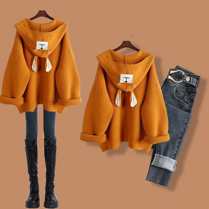 Autumn and winter women's set new hooded knitted cardigan sweater jacket+slim fit versatile jeans two-piece set