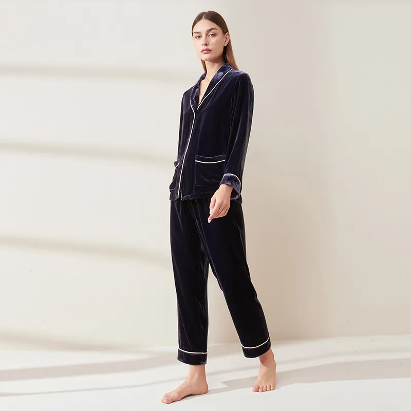 Womens Silk Velvet Pajamas Set Winter Thick Long Sleeve Pants Notched Collar Homewear Loungewear PJ Elegant Pajama Two Piece Set