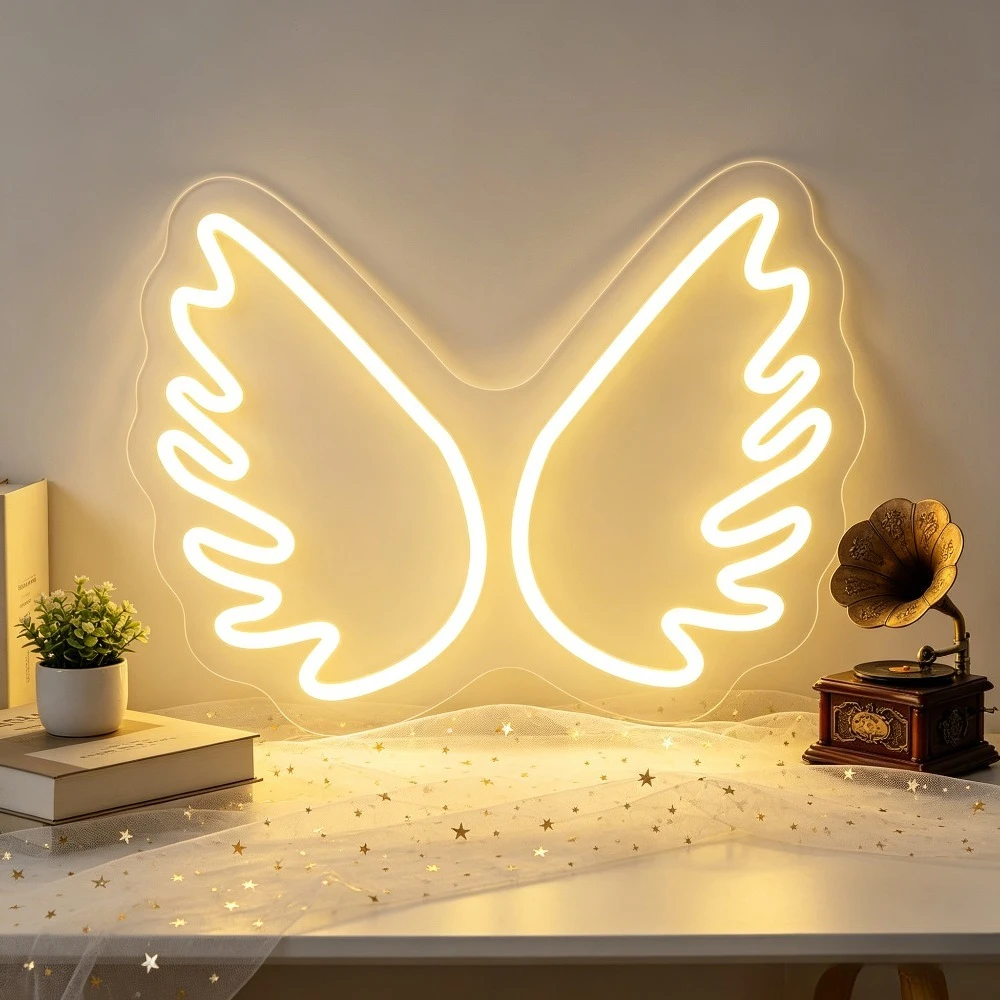 Lighting Room Decor Photo - 天使の羽ネオンサイン調光可能なUSBウォールライト寝室用吊り下げ式ウェディングフォトスタジオ保育園ブライダルスイート夢のような部屋の装飾