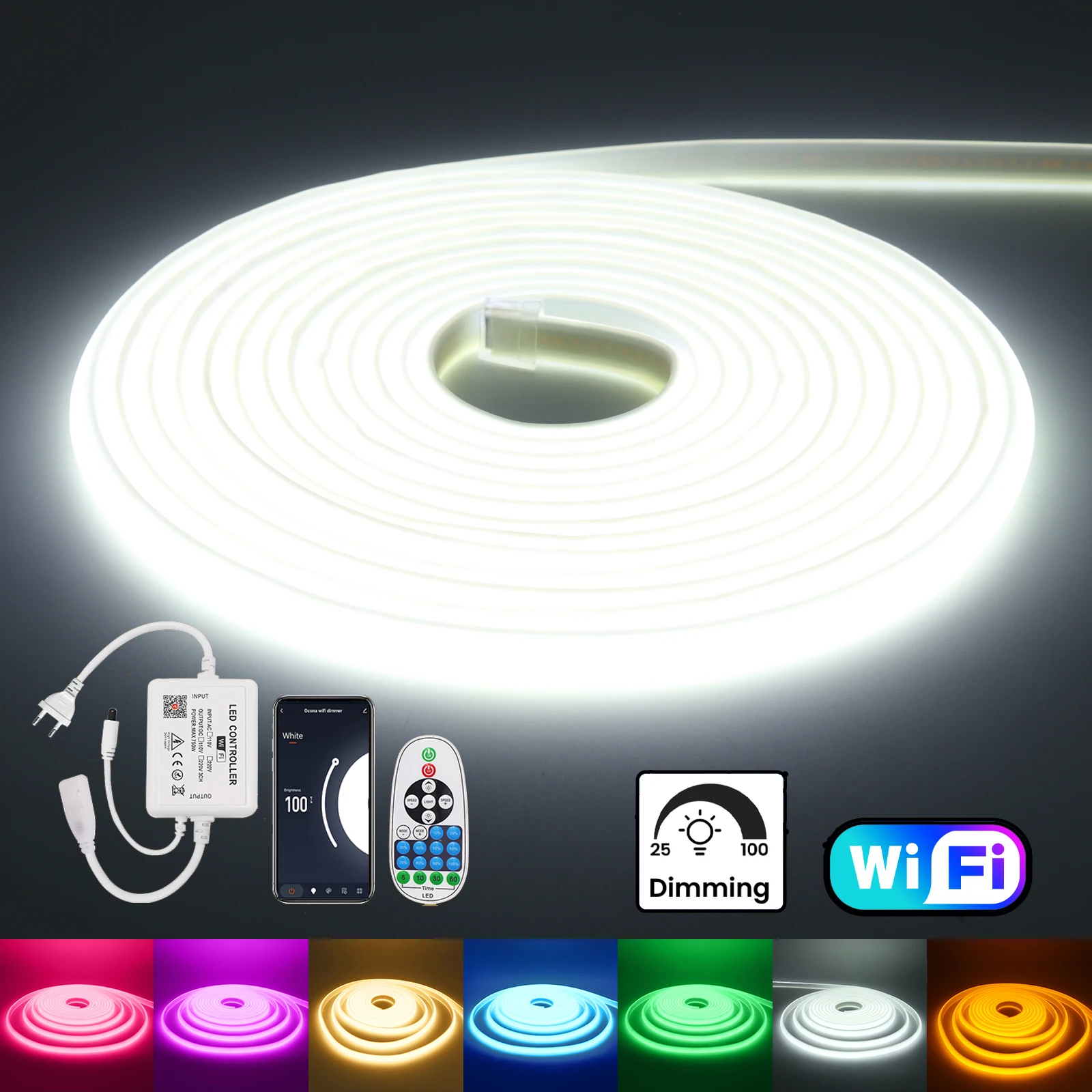 AC 220V WIFI APP Dimmer COB Neon Lamp Kit With IR 23 Key Remote Control Light Strip White/Ice Blue/Red/Green/Pink/Purple/Yellow
