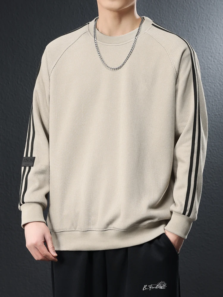 

Trendy American Sle round Ne Sweatirt Men's Loose Striped Casual Long Sve Top for Autumn And Winter Cotton Polyester