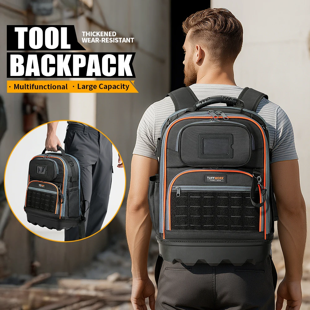 Tool Backpack Heavy Duty, Tool Bag Backpack with Laptop Compartment & Molded Base, 1680D Oxford, Multiple Pockets for Men