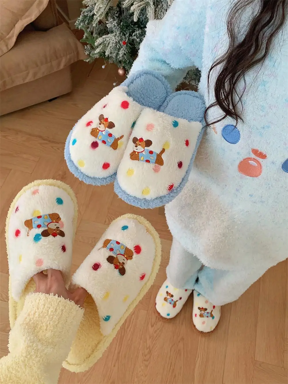 

Colorful Dots Dog Cartoon Fun Furry Home Slippers Shoes For Women Autumn Winter Students Cute Indoor Household Cotton Slippers