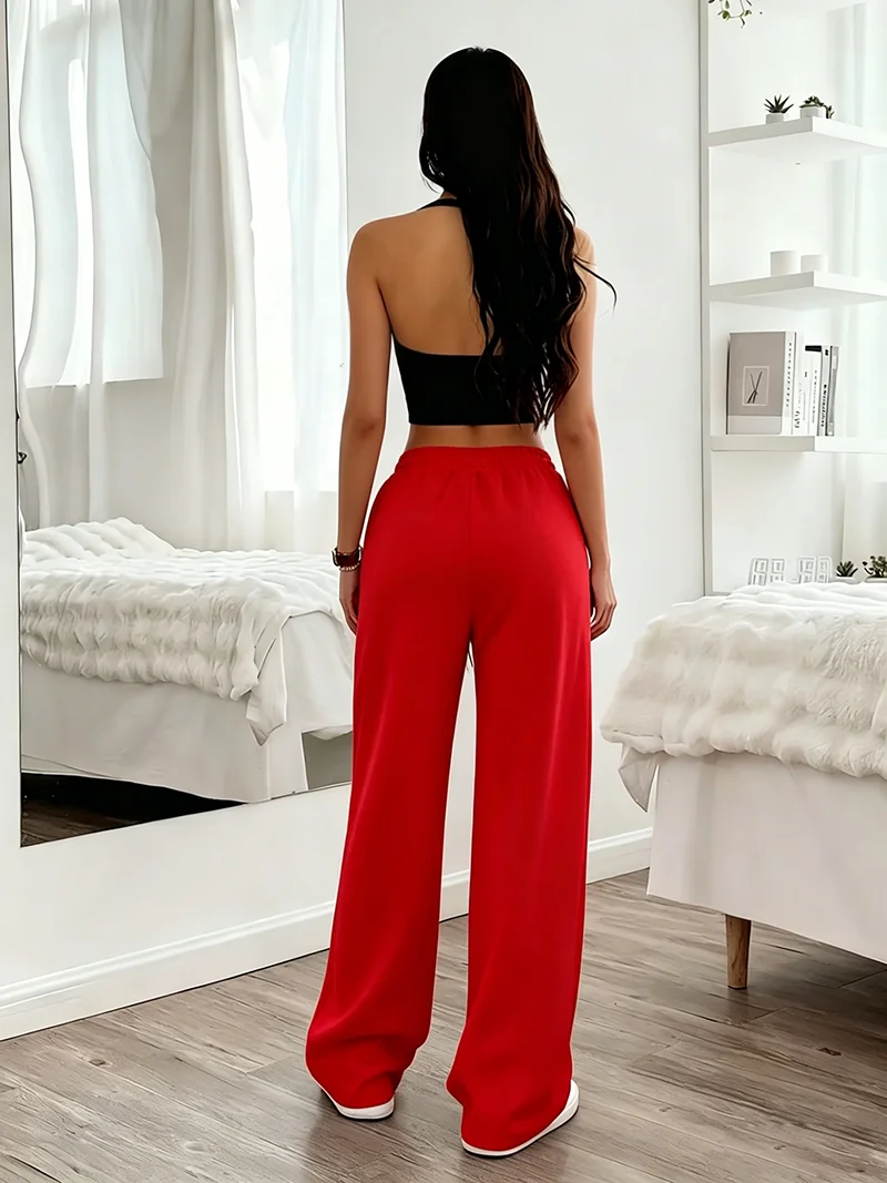 Women's Casual Comfortable Solid Color Vest Top And Wide Leg Pants Set Square Neck Hanging Neck Elastic Waist Strap Outfit view 3
