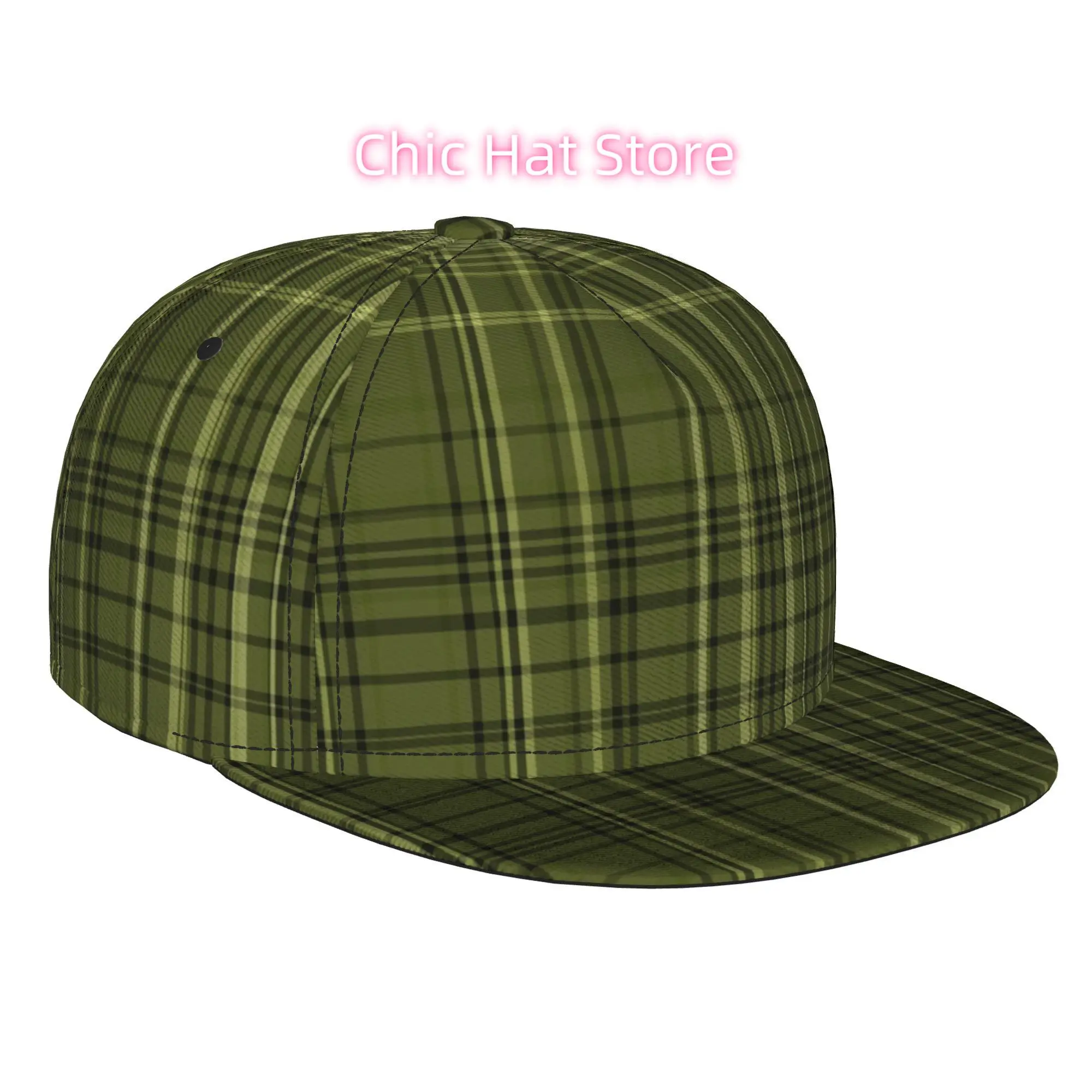 1pc Olive Green Plaid Pattern Fully Printed Hip-hop Caps, Baseball Caps, Stylish Flat-brimmed Baseball Caps, Sports Outdoor Casu