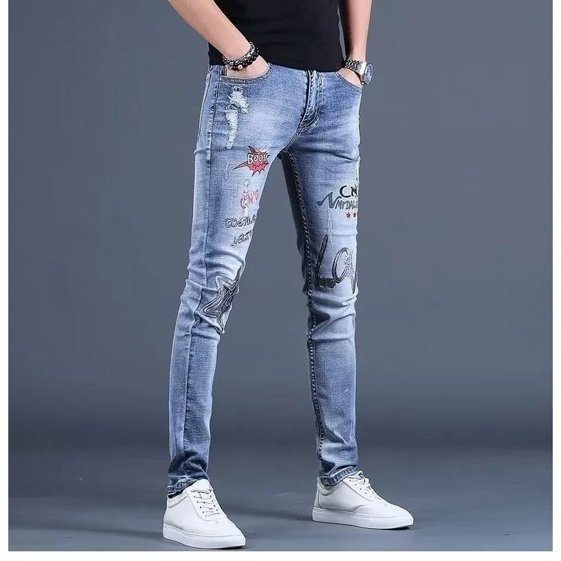 High Quality Men’s Blue Denim Pants,Classic Embroidery Decors Street Jeans,Slim-fit Korea Version Casual Jeans,Cool Sexy Jeans;