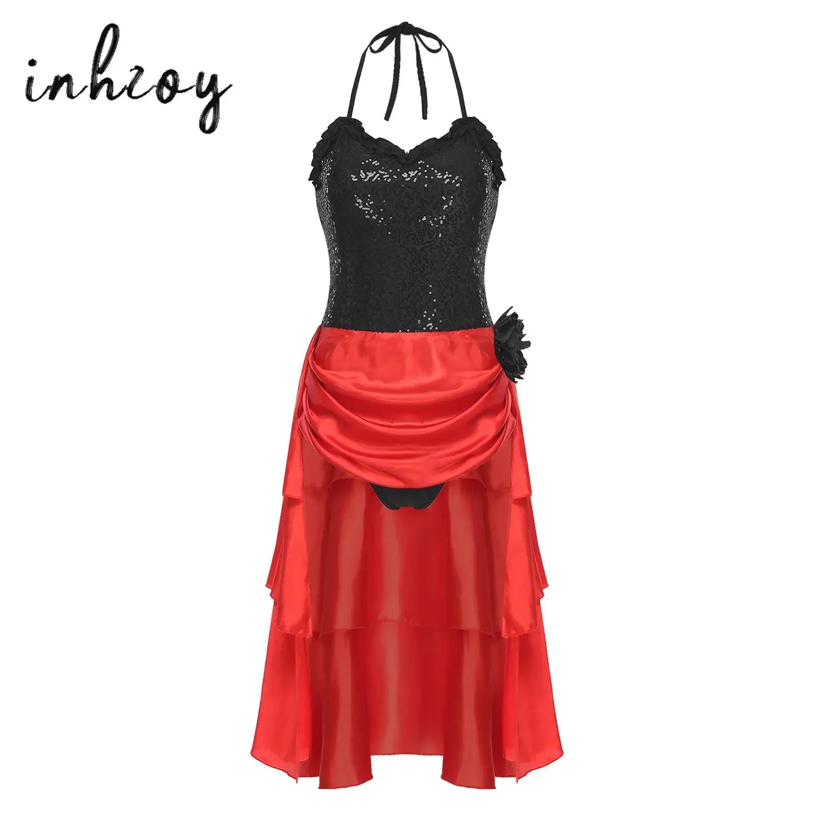 

Womens Latin Rumba Dance Dress Halter Sequined Bodice Tiered Irregular Hem Dress with Flower Brooch for Latin Samba Ballroom