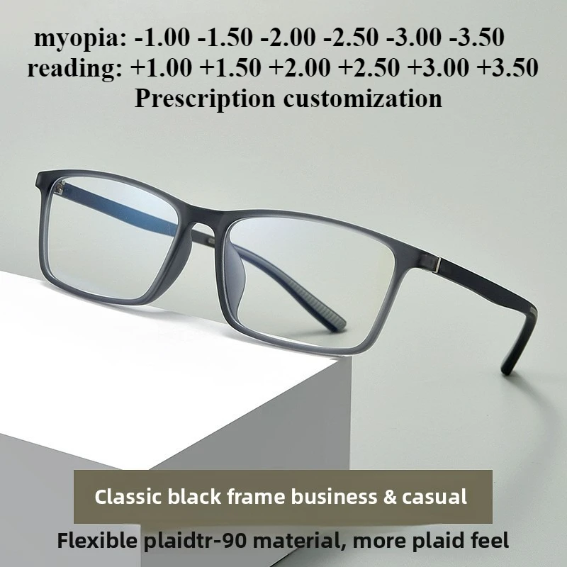 55-16 ultraligero TR90 gafas rectangulares negras montura hombres cara grande miopía personalizado Anti-luz azul gafas de lectura