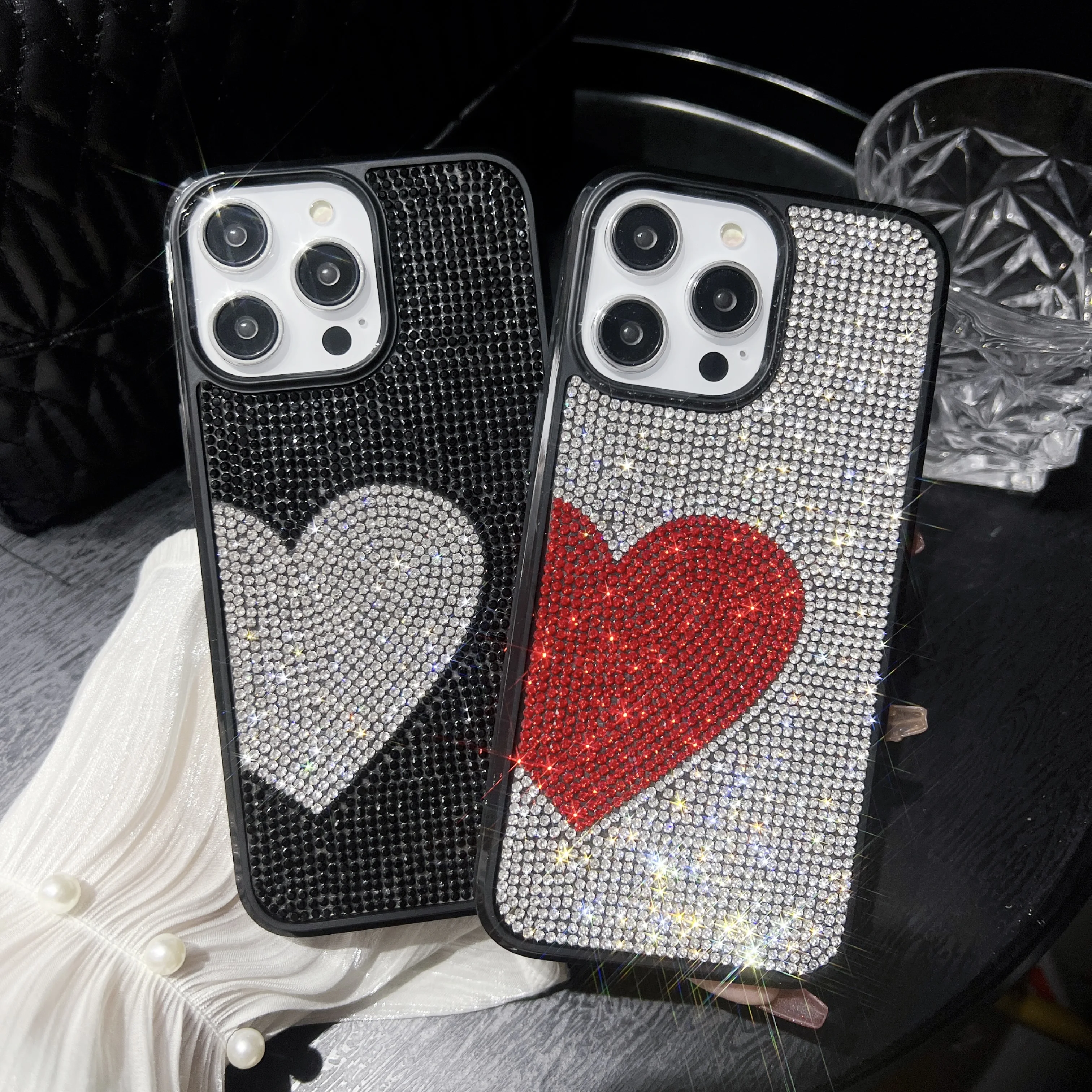 

Chic Style Luxury Bilng Bling Love Heart Shape Rhinestone Shockproof Protective Cover Case For iPhone 15 14 13 12 11 Pro Max