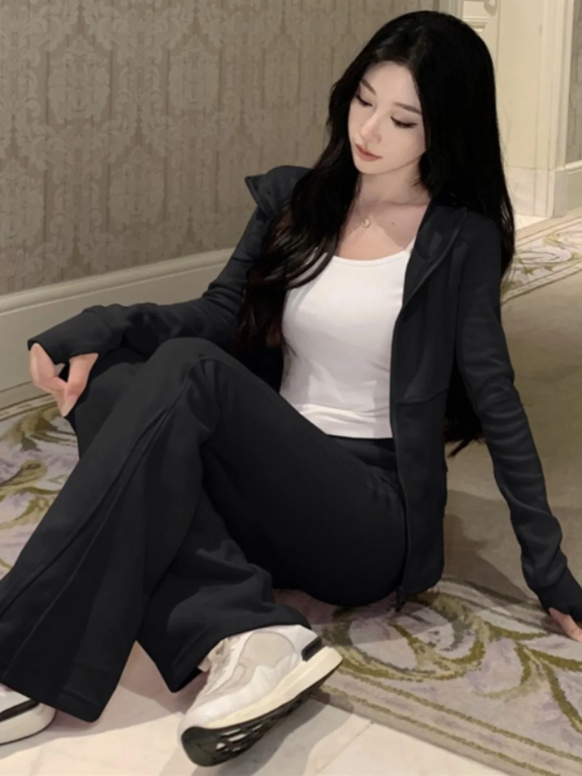 Ele Lady Sle ジッパー パーカー Jaet とフレア パンツ カジュアル スポーツ 2 点セット by Gege Home Faion 若い女性用