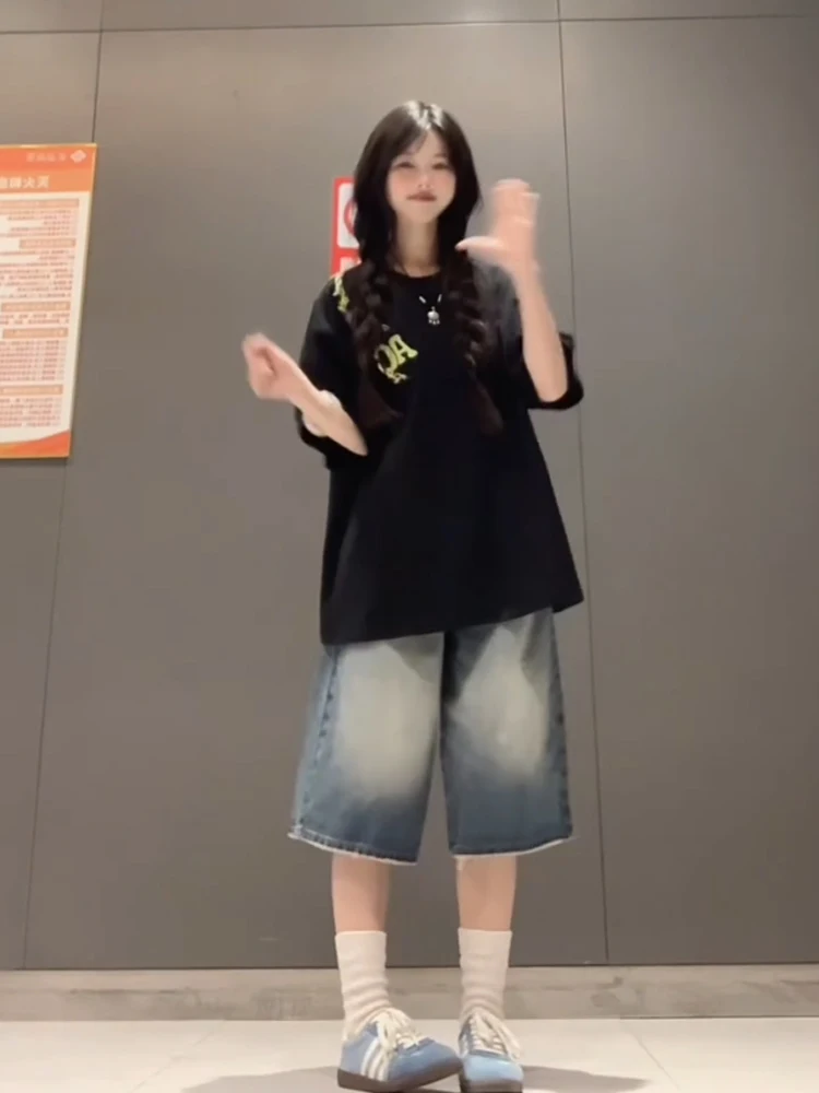 American High Street Seven-Foot Women's Jeans Summer High Waist Slimming Vintage Waed Straight ort Pants Five-Foot Medium...