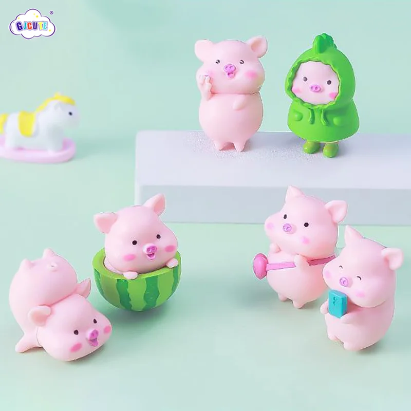 

7Pcs/Set Creative Cute Watermelon Piggy Doll Figurine Miniaturas Ornament Collection Statue Toy Fairy Garden Mini Miniatures