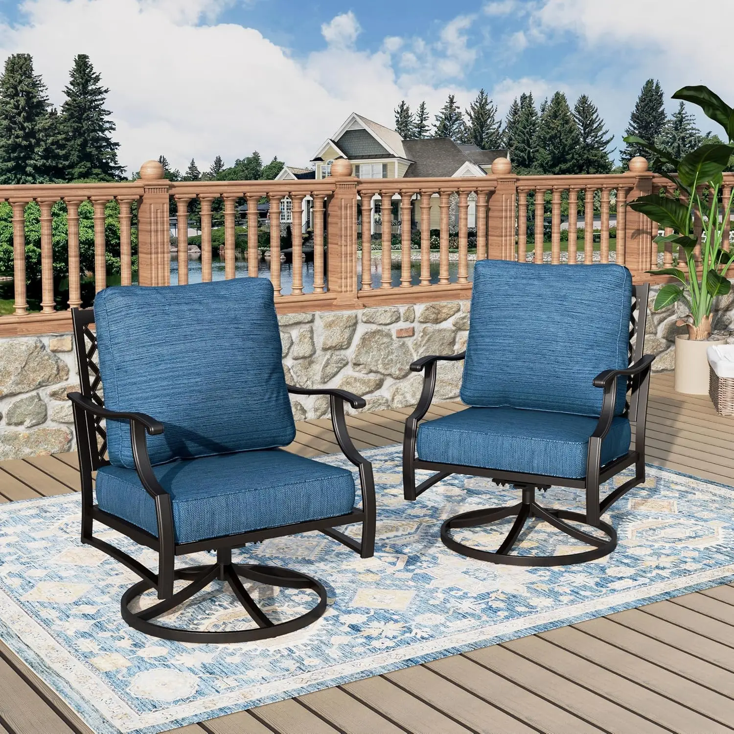 Swivel Rocking Patio Chairs 2 Pack, Metal Frame Thick Cushions High Back 360° Swivel All Weather 31.5x28.35x35