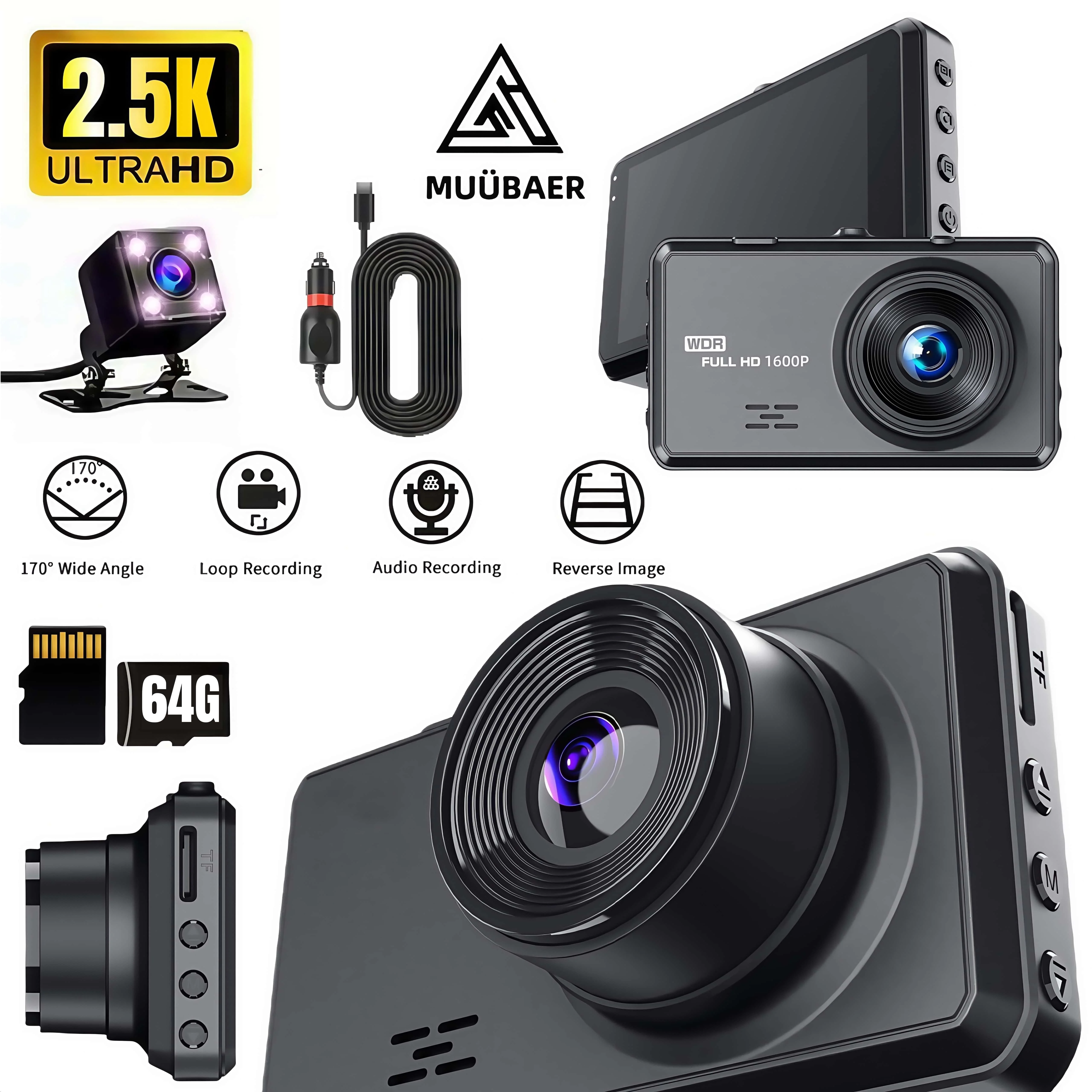 

Двойная видеорегистратор, передняя и задняя 1600P, 3-дюймовый дисплей, 170 ° Широкоугольный, ИК-ночное видение, бесплатная карта емкостью 32 ГБ, универсальный подарок