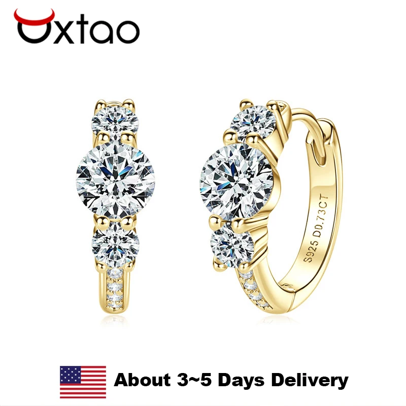 

OXTAO Three Stone Moissanite Earrings 5mm&3mm&1mm D Color VVS1 for Women 925 Sterling Silver Hoop Earring Wedding Jewelry