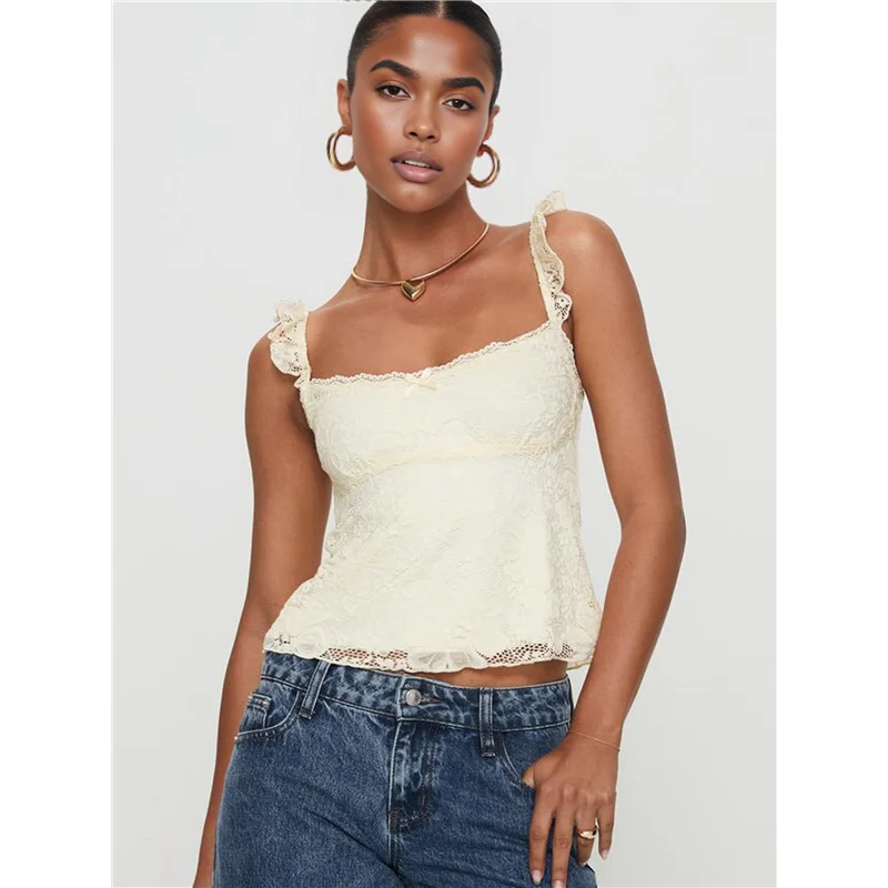 Women Lace Babydoll Tank Top Cap Sleeve See Throught Y2k Summer Going Out Crop Tops