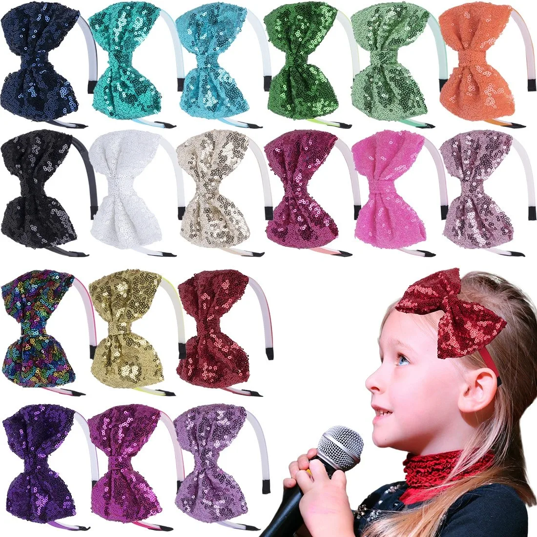 18 Colors Kids Hot Sale Bling Sequins Bow Headbands 5" Bow Cute Wholesale New Style Beautiful Sweet Baby Girl Party Accessory