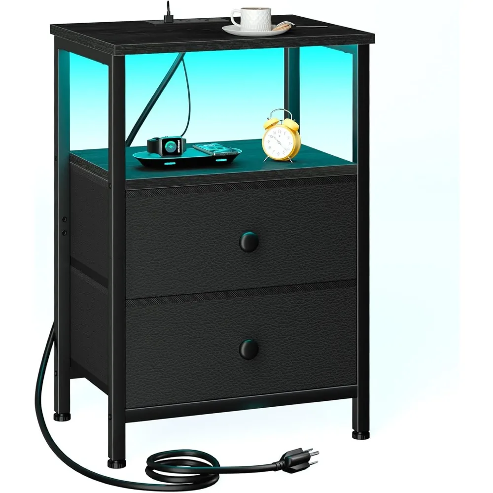

Nightstand with Charging Station, End Table with 2 Fabric Drawers, LED Night Stand for Bedroom, Small Bed Side Table with USB Po