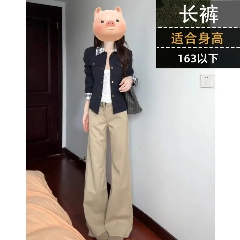 Khaki Low-rise Straight-leg Jeans for Women's Autumn Without Legs, Loose and Thin Flared Pants, Spice Girl Drape Trousers view 6