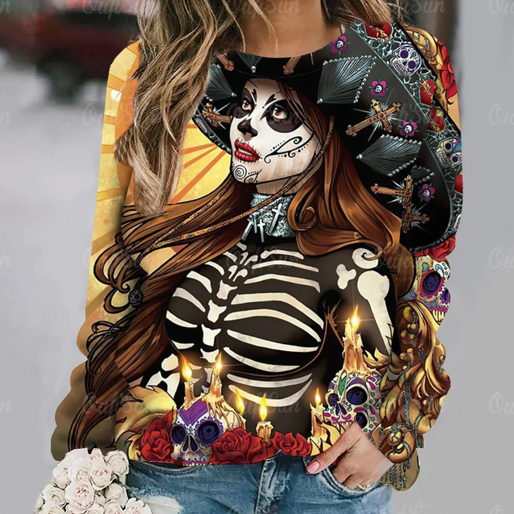 Vintage Skull Cotton T-shirt For Women Y2k Print Harajuku Long Sleeve Tops Autumn O Neck Oversized Sweater Female Casual Clothes