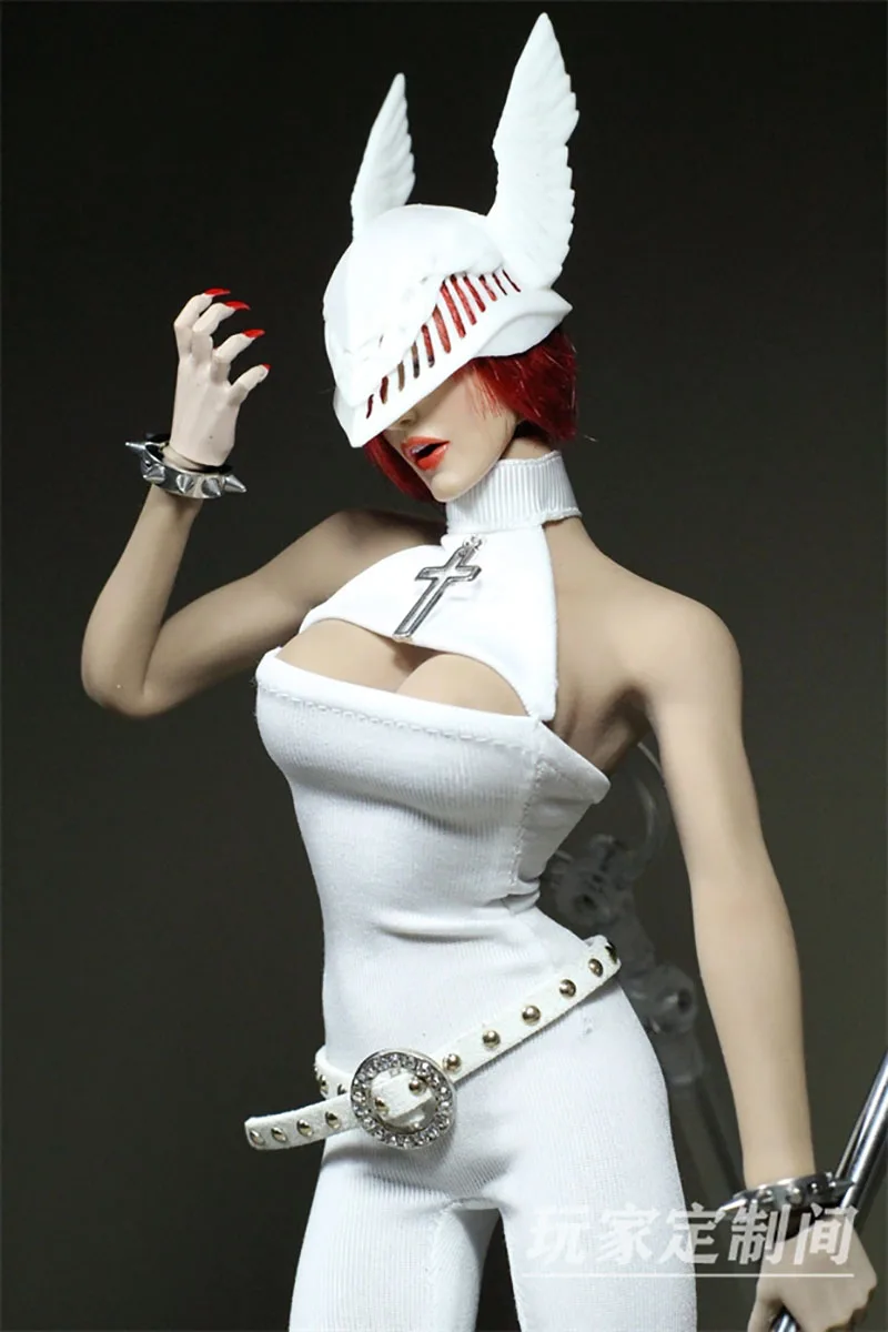 Customized 1/6 Sexy Women Black/White Eagle Warrior Clothes Winged Helmet Cross Tight Jumpsuit fit 12'' Largest Mid Breast Body