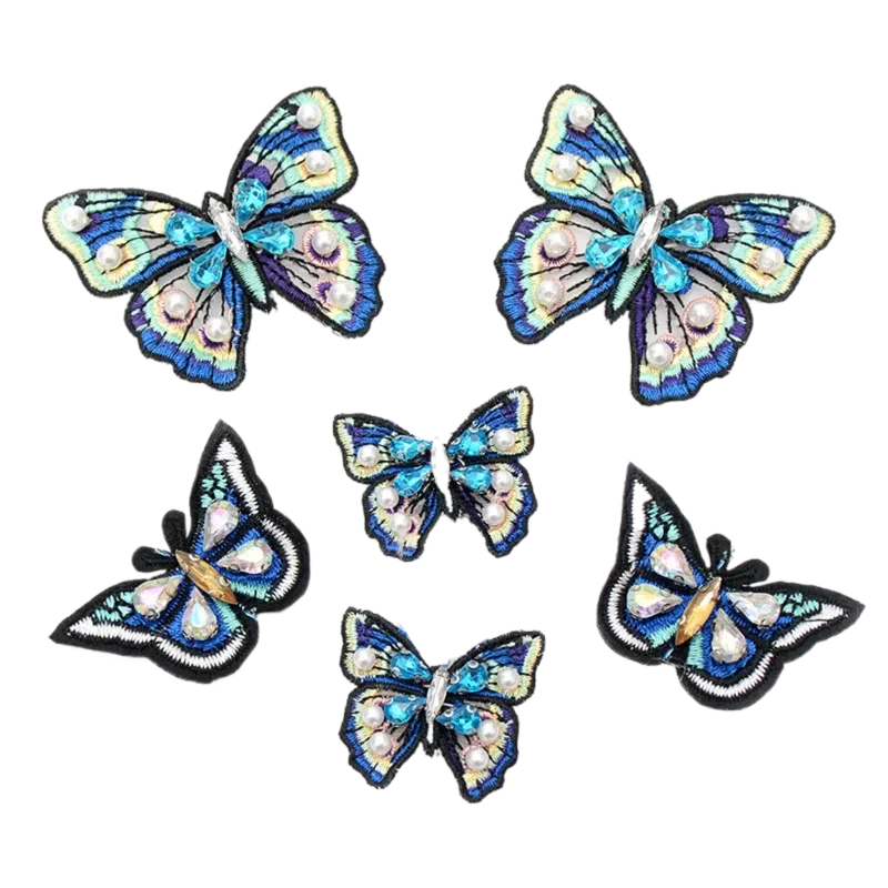 AHYONNIEX Brand 1pcs Blue Butterfly beads rhinestones patches sew on beading applique clothes shoes bags decoration patch DIY