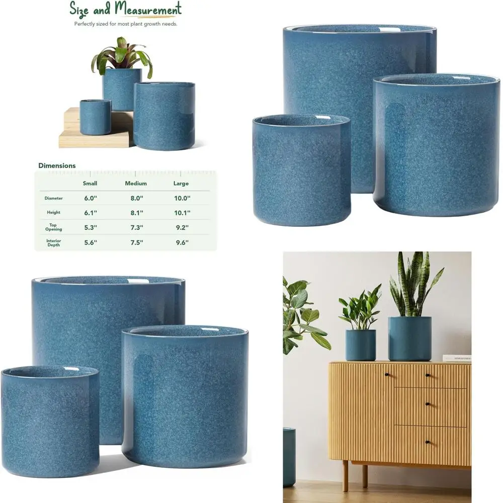

Набор из 3-х современных горшков для растений середины века, размеров 10–8, и 6 цветов, комнатные цилиндрические горшки с дренажем, синяя реактивная глазурь