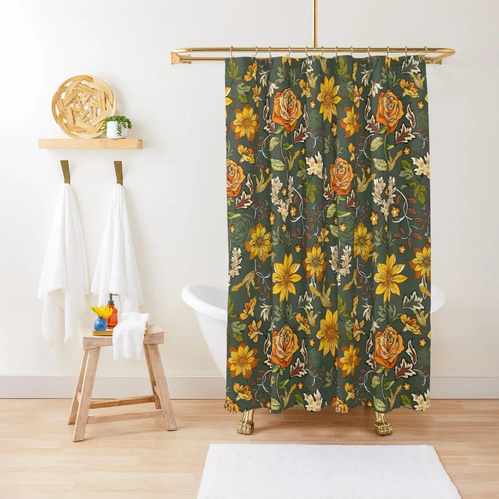 

70s Vintage style, boho retro roses, William Morris inspired floral, orange and green Shower Curtain