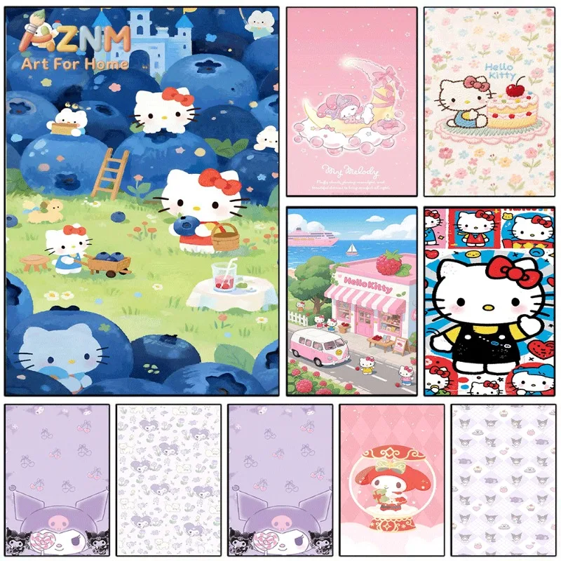 Sanrio Hello Kitty Canvas Wall Art Unframed Print Blueberry Picking Fruit Cute Cartoon Poster for Bedroom Dorm Home Interior Wal